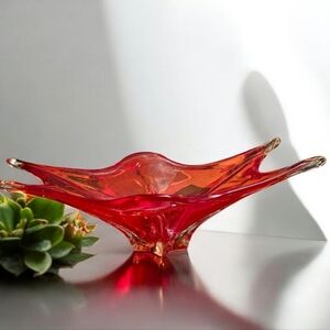 Vintage Murano Cristallo CCC Red Large Pointed Bowl Centerpiece  16"L Very Heavy